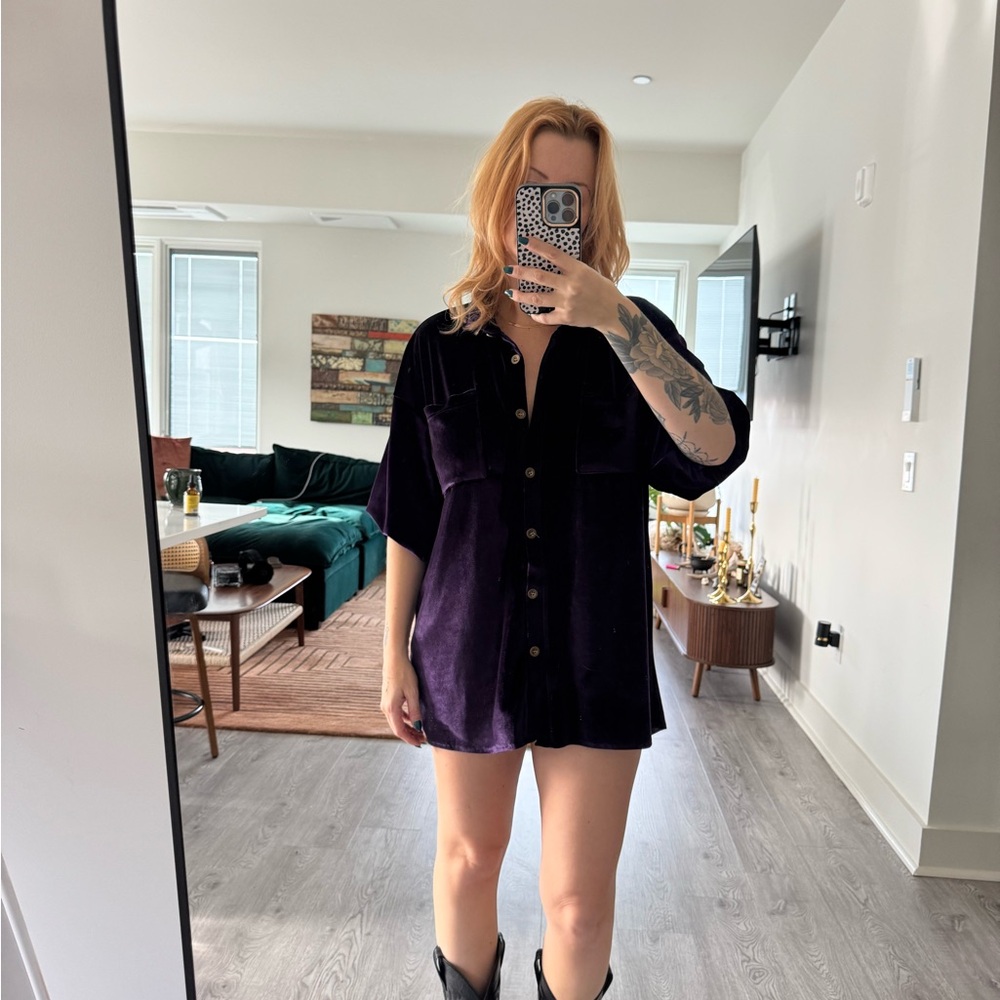 Purple Velvet Button-Up Shirt
